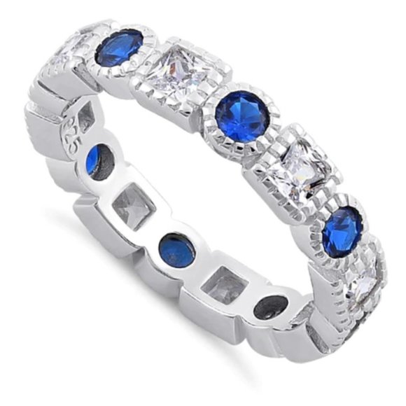 925 STERLING SILVER Blue Spinel & Clear CZ Bezel Set Eternity Band Ring - Picture 11 of 14